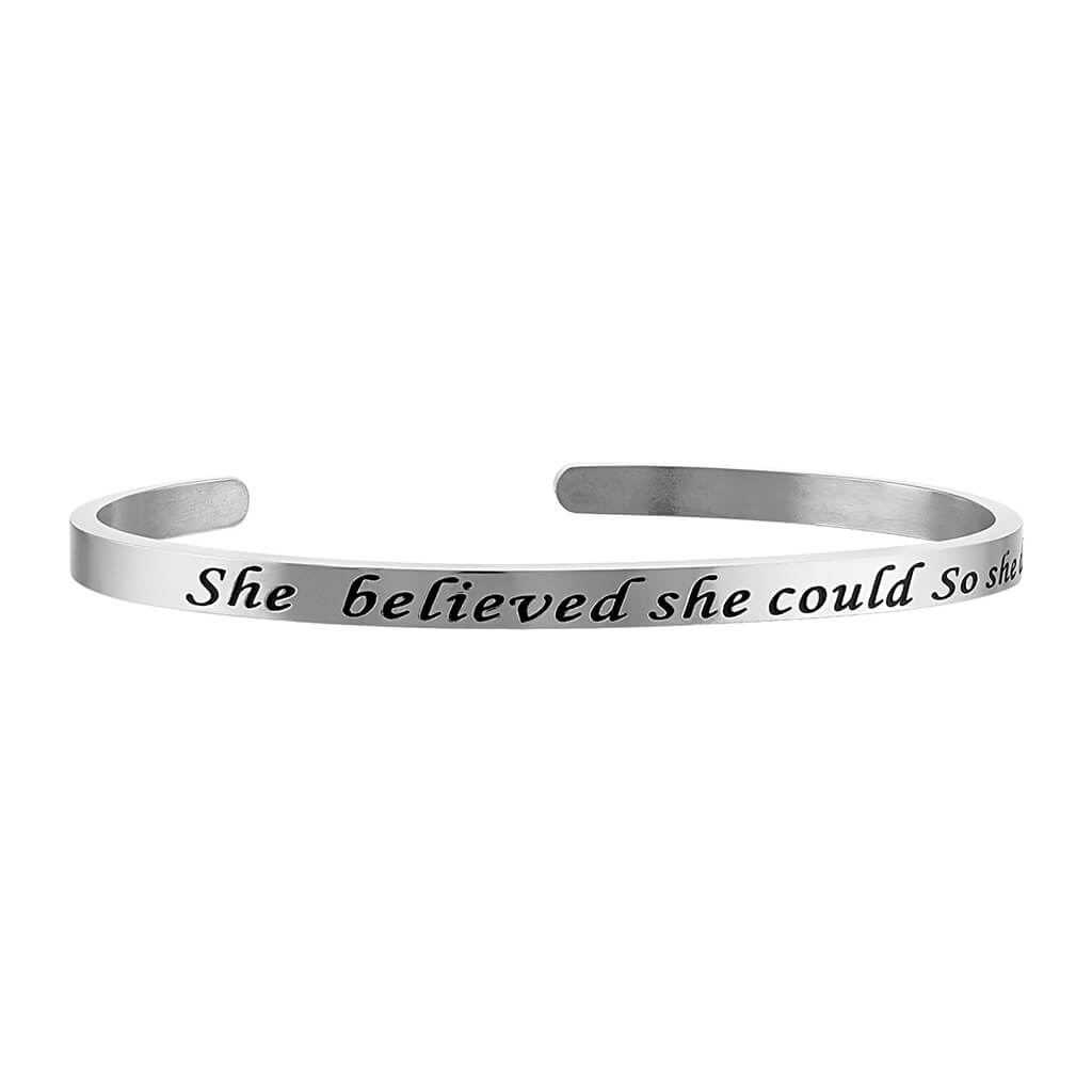 Stainless steel bracelet with the inscribed message 'she believed she could so she did'