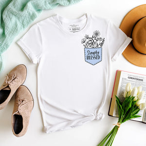 Simply blessed Christian graphic t-shirt in white with spring decorations