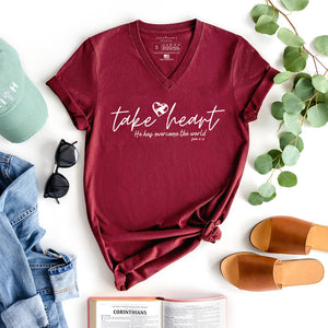 Take heart He has overcome the world Biblical v-neck for women