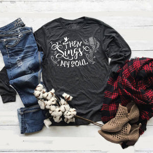 "Then sings my soul" Christian design featuring a microphone on a premium gray long sleeve