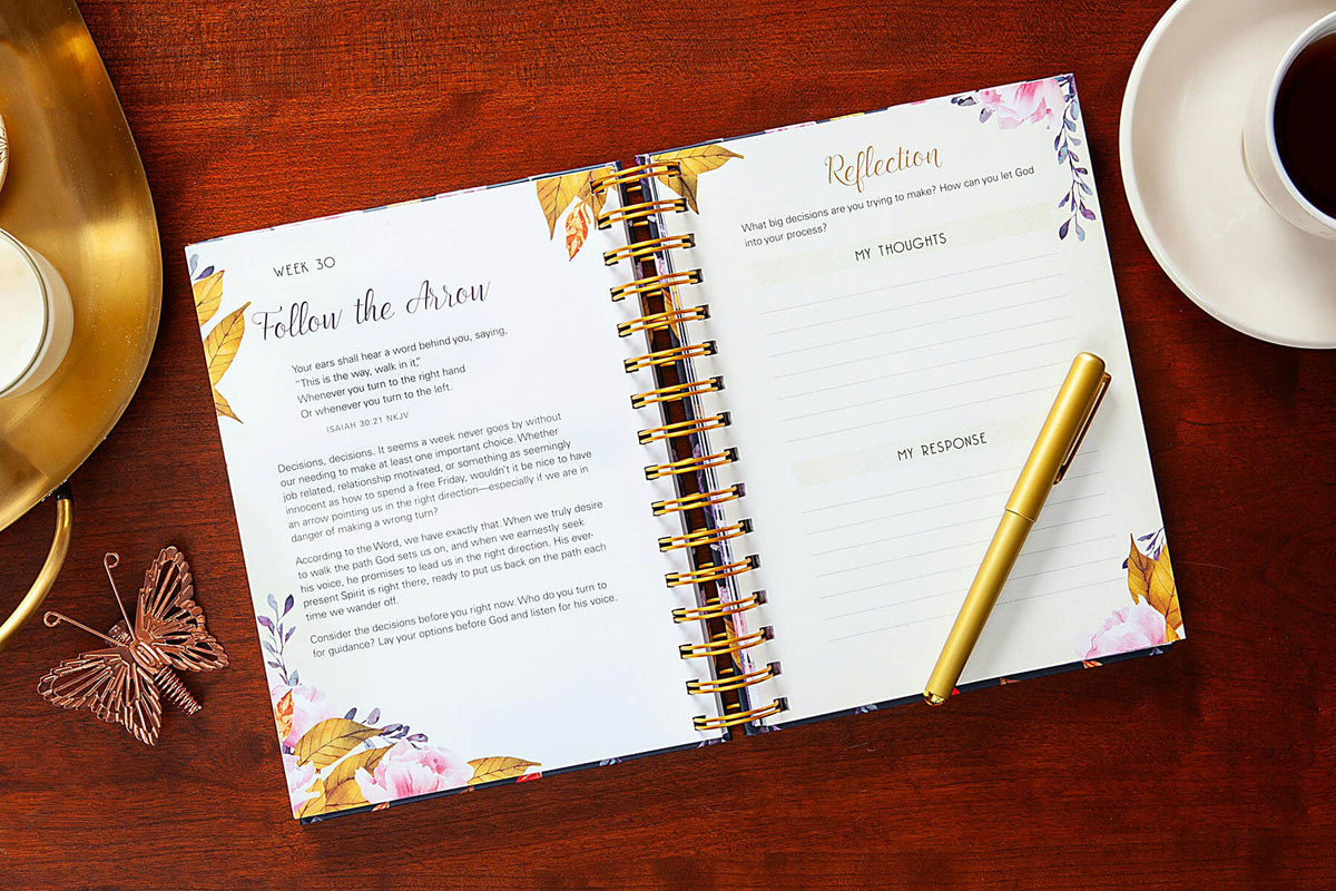 Open planner with floral design on a wooden surface with a pen and cup of coffee.