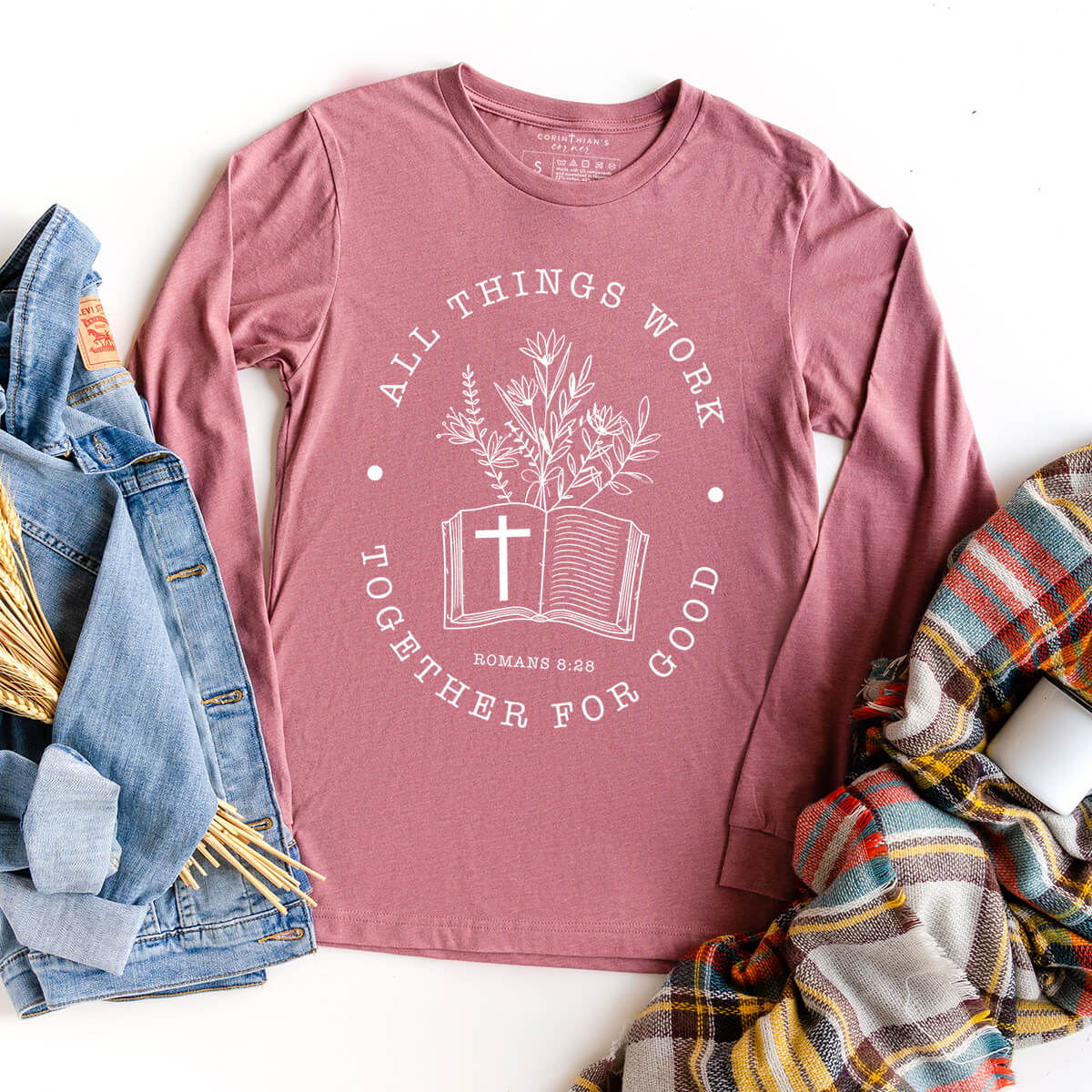All things work together for good women's Christian long sleeve t-shirt in mauve