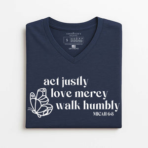 Navy blue Christian t-shirt with Micah 6:8 and butterfly design on a white background