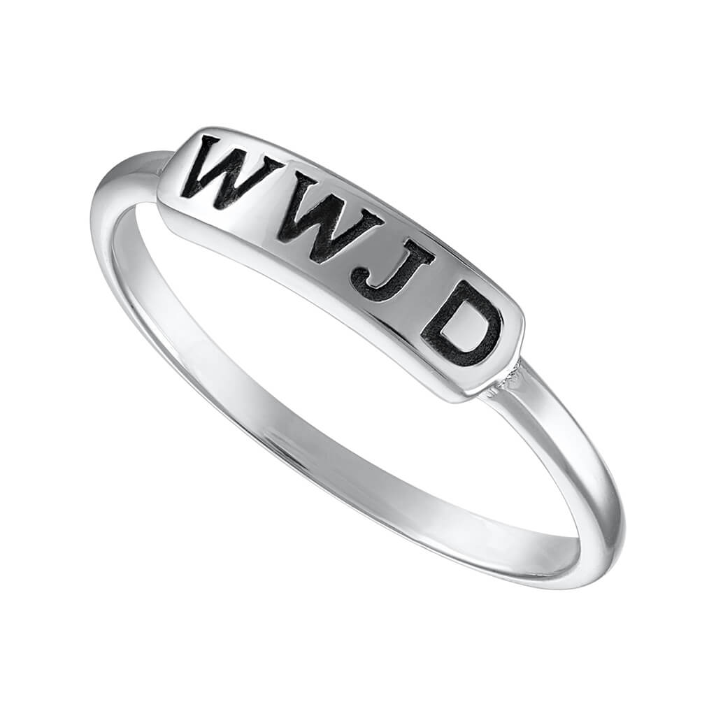 Sterling silver ring with engraved WWJD symbolizing Jesus' teachings