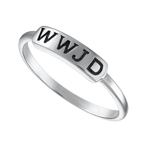 Shiny silver band displaying 'what would Jesus do' to reflect Christian values