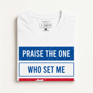 White t-shirt with uplifting Christian text on a white background