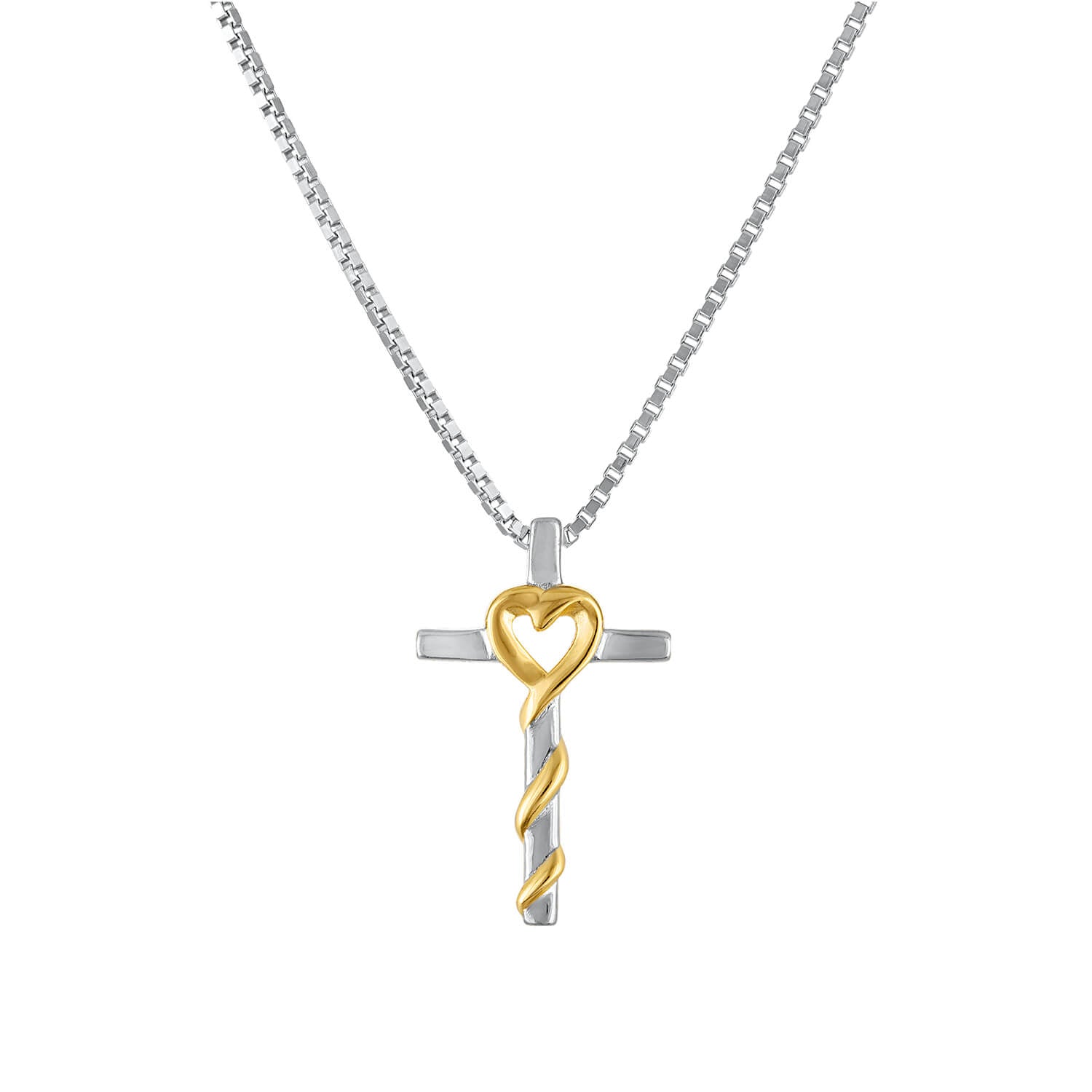 This two-toned cross necklace elegantly showcases God's eternal love