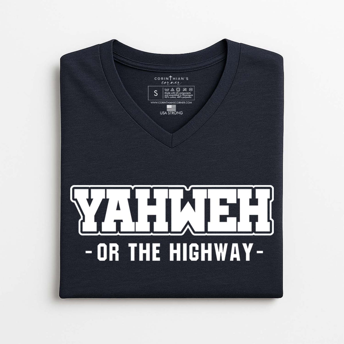 Black V-neck t-shirt with 'YAHWEH or the Highway' text on a white background