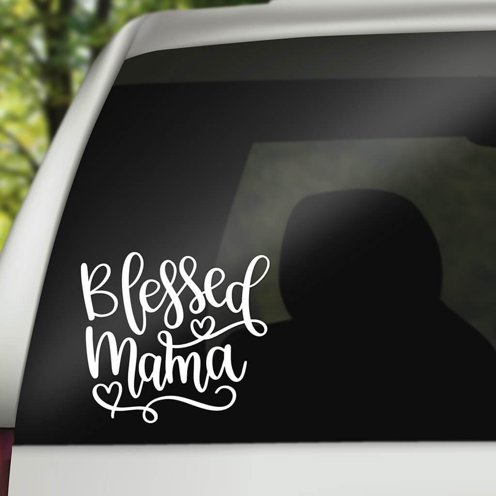 Christian car sticker that says blessed mama in cute cursive lettering