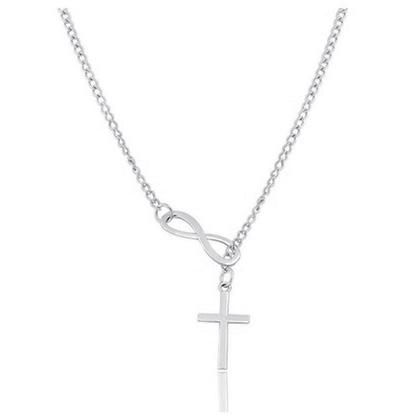 Women's silver cross necklace that hangs through a symbolic infinity sign