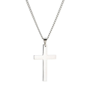 Stainless steel silver cross necklace hanging against a plain white background