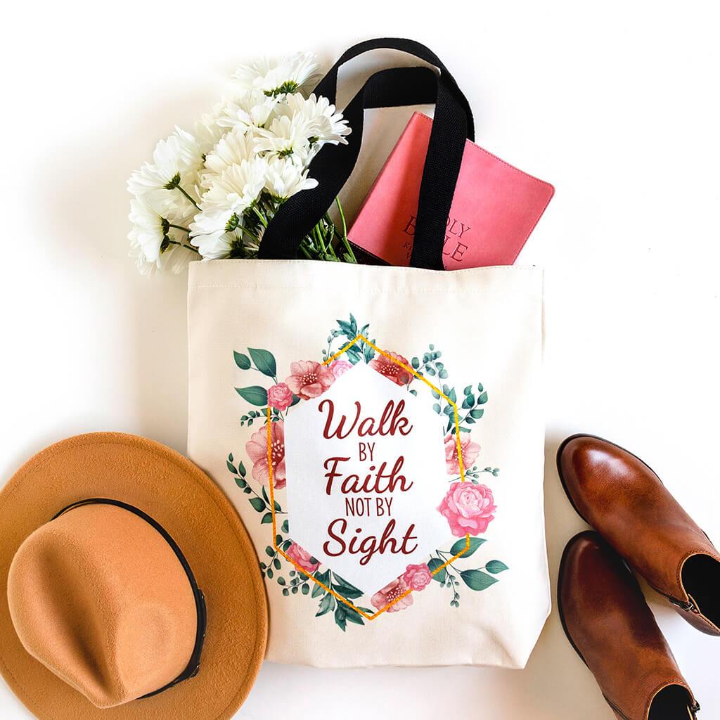 Floral Christian tote bag in tan with scripture from the book of Corinthians