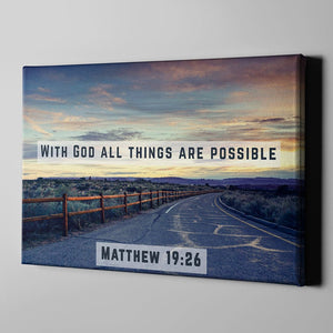 Side view of Christian canvas art that reads "with God all things are possible" from verse Matthew 19:26