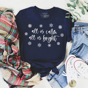 Navy blue Christmas shirt that reads all is calm all is bright