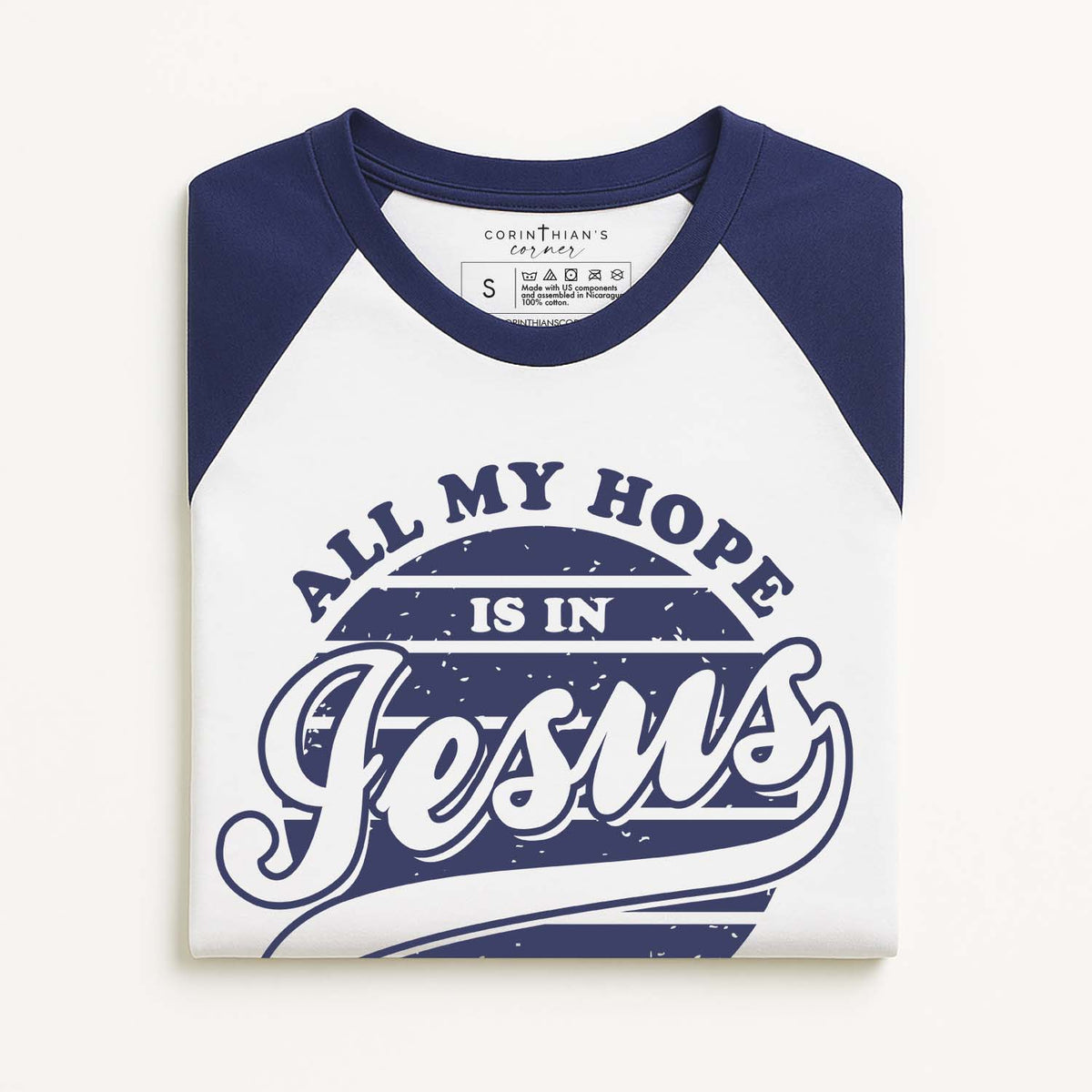 All my hope is in Jesus screenprinted on blue and white Christian baseball shirt
