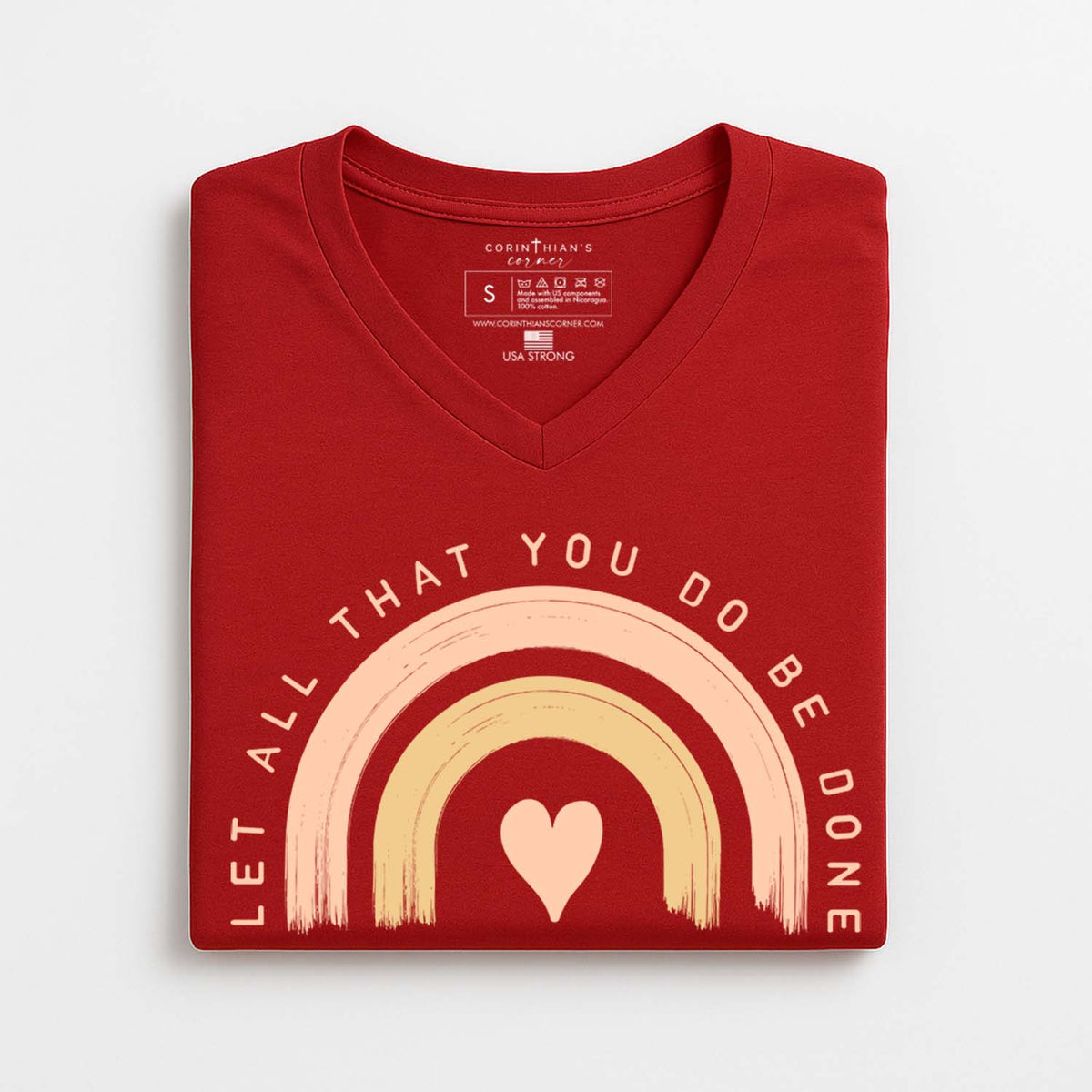 Let all that you do be done in love folded red Christian t-shirt