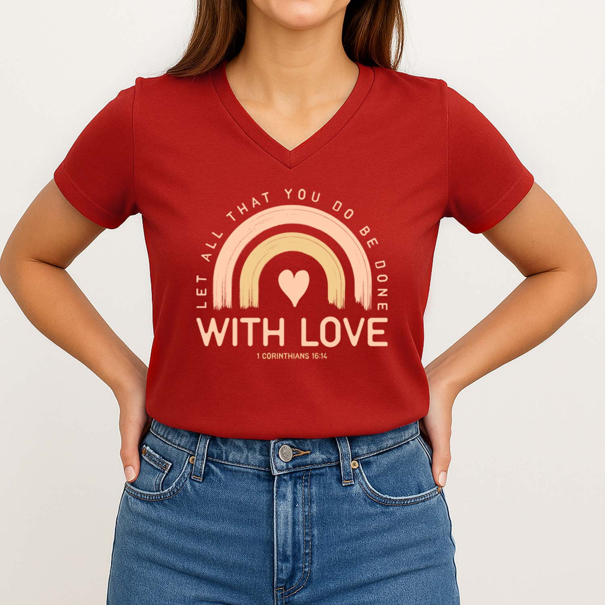 Size medium model wearing a red Christian t-shirt