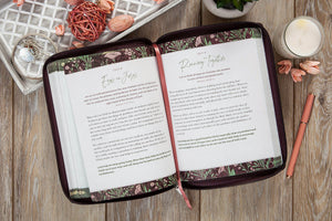 Open planner with floral design on a wooden surface with candles and decor.