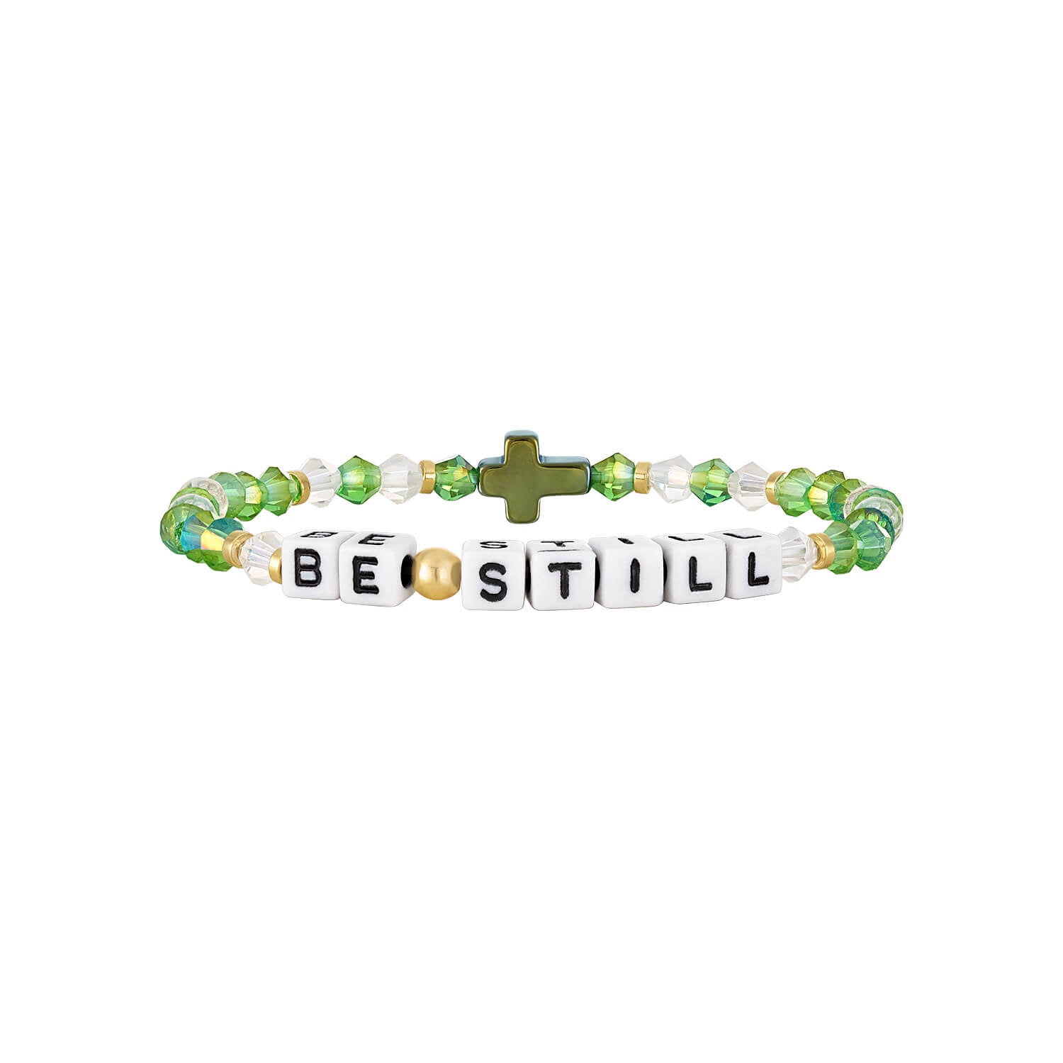 Bracelet with beads spelling 'BE STILL' on a white background