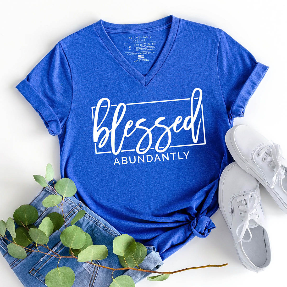 Blessed abundantly Christian v-neck shirt in royal blue