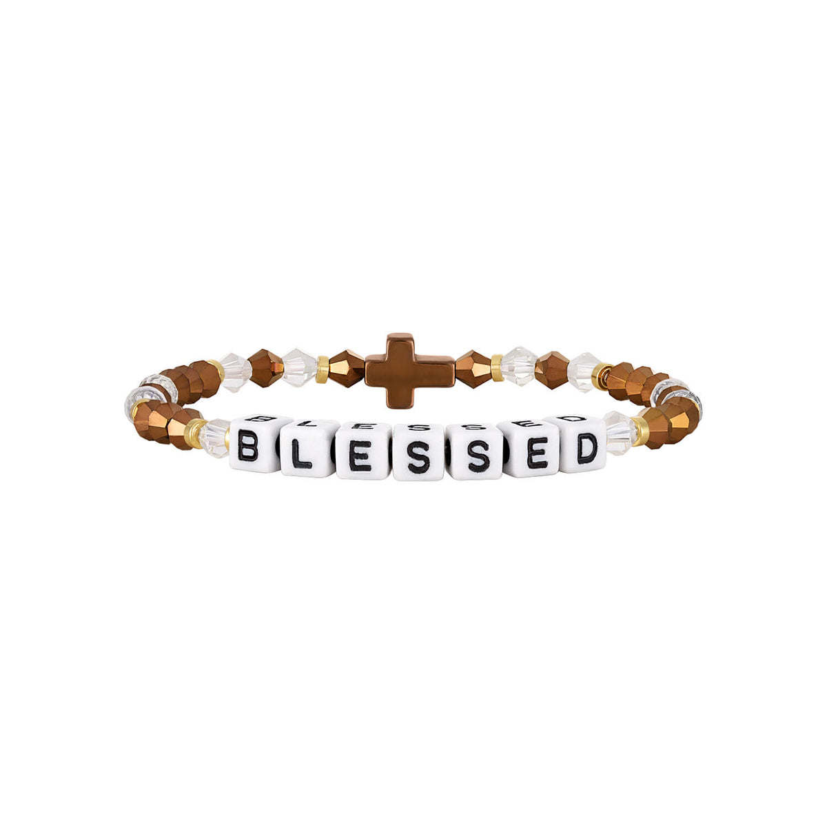 Bracelet with beads spelling 'BLESSED' on a white background