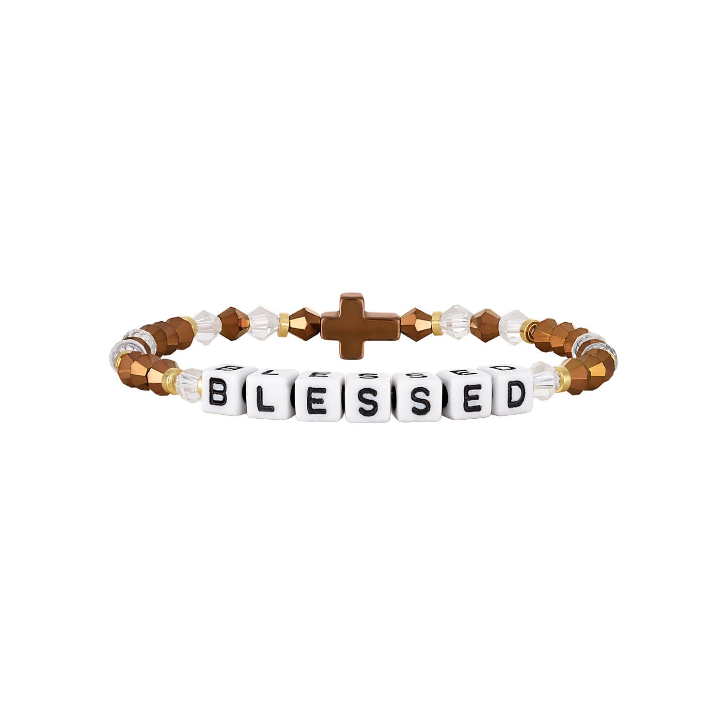 Bracelet with beads spelling 'BLESSED' on a white background