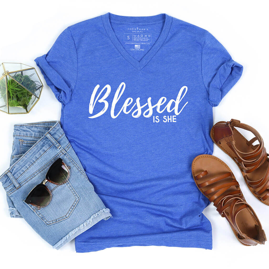 Blue Christian top that reads blessed is she