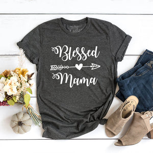 Gray shirt for Christian moms that reads blessed mama with an arrow and heart design