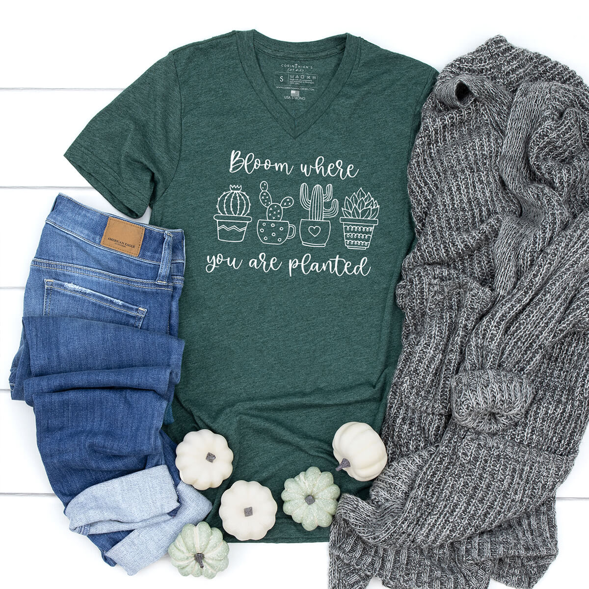 Bloom where you are planted proverb t-shirt in green