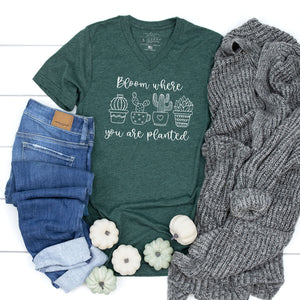 Bloom where you are planted proverb t-shirt in green