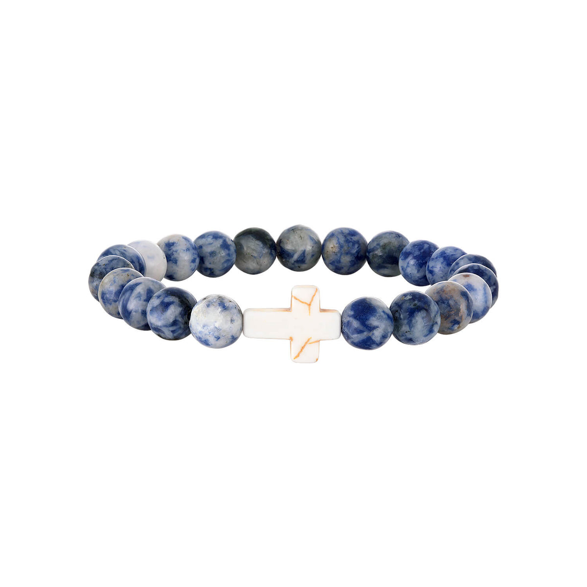 Blue beaded bracelet with a white cross charm against a white background
