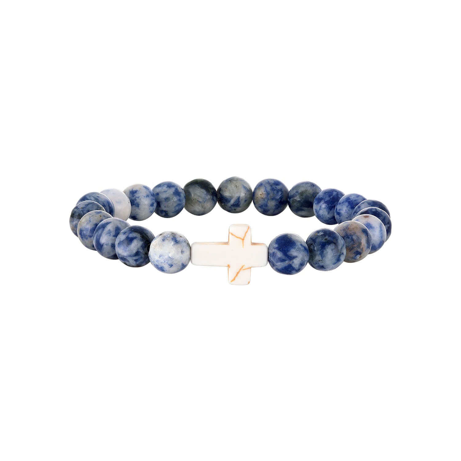 Blue beaded bracelet with a white cross charm against a white background
