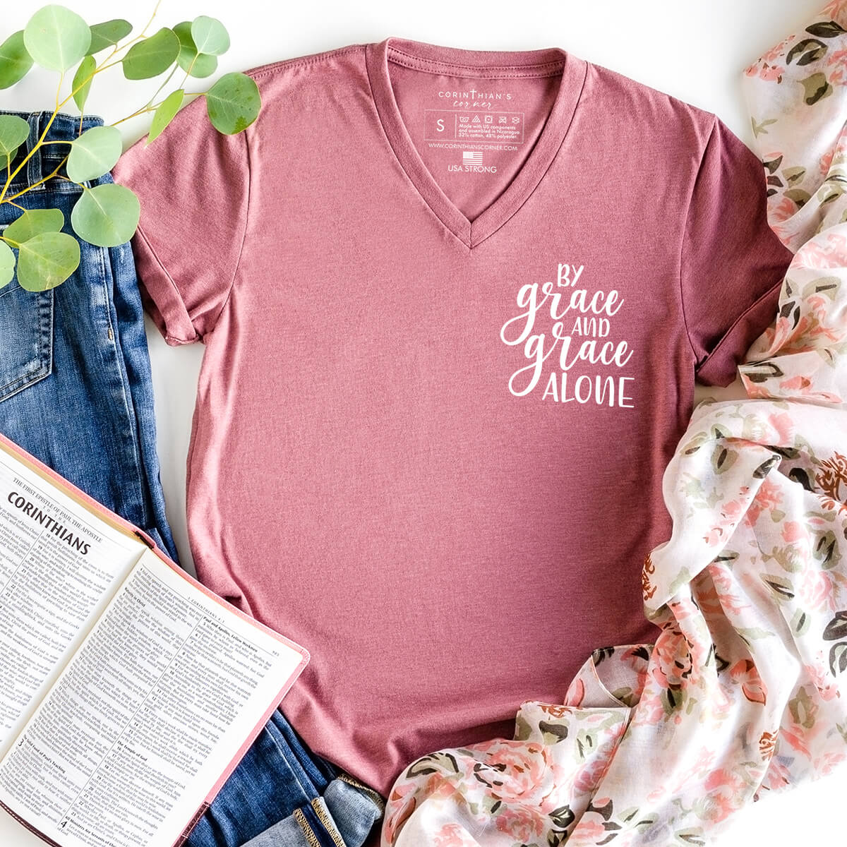 By grace and grace alone Biblical v-neck in mauve