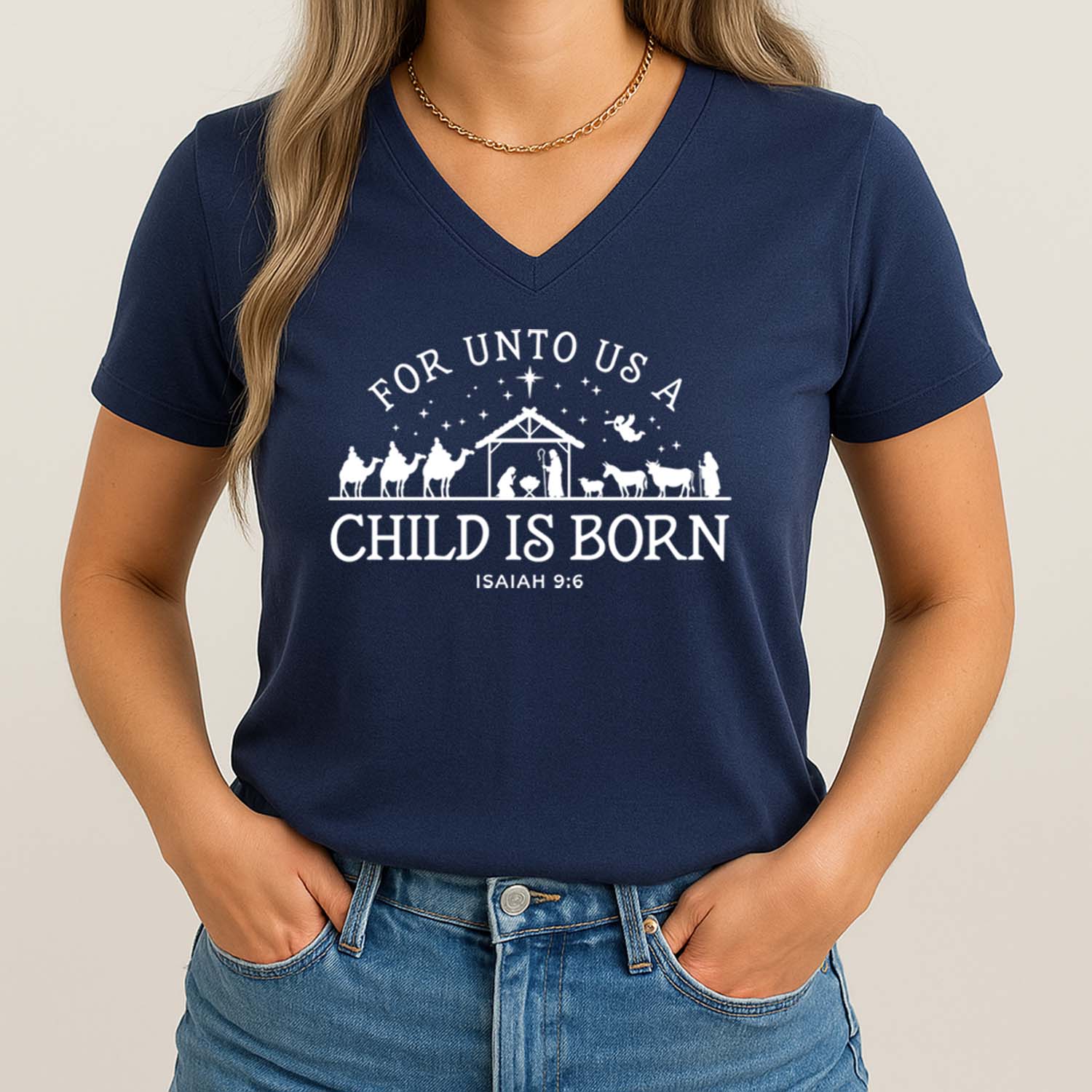 For unto us a child is born nativity scene shirt in navy blue