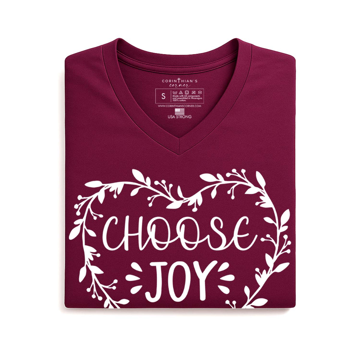 Maroon t-shirt with 'CHOOSE JOY' text on a white background