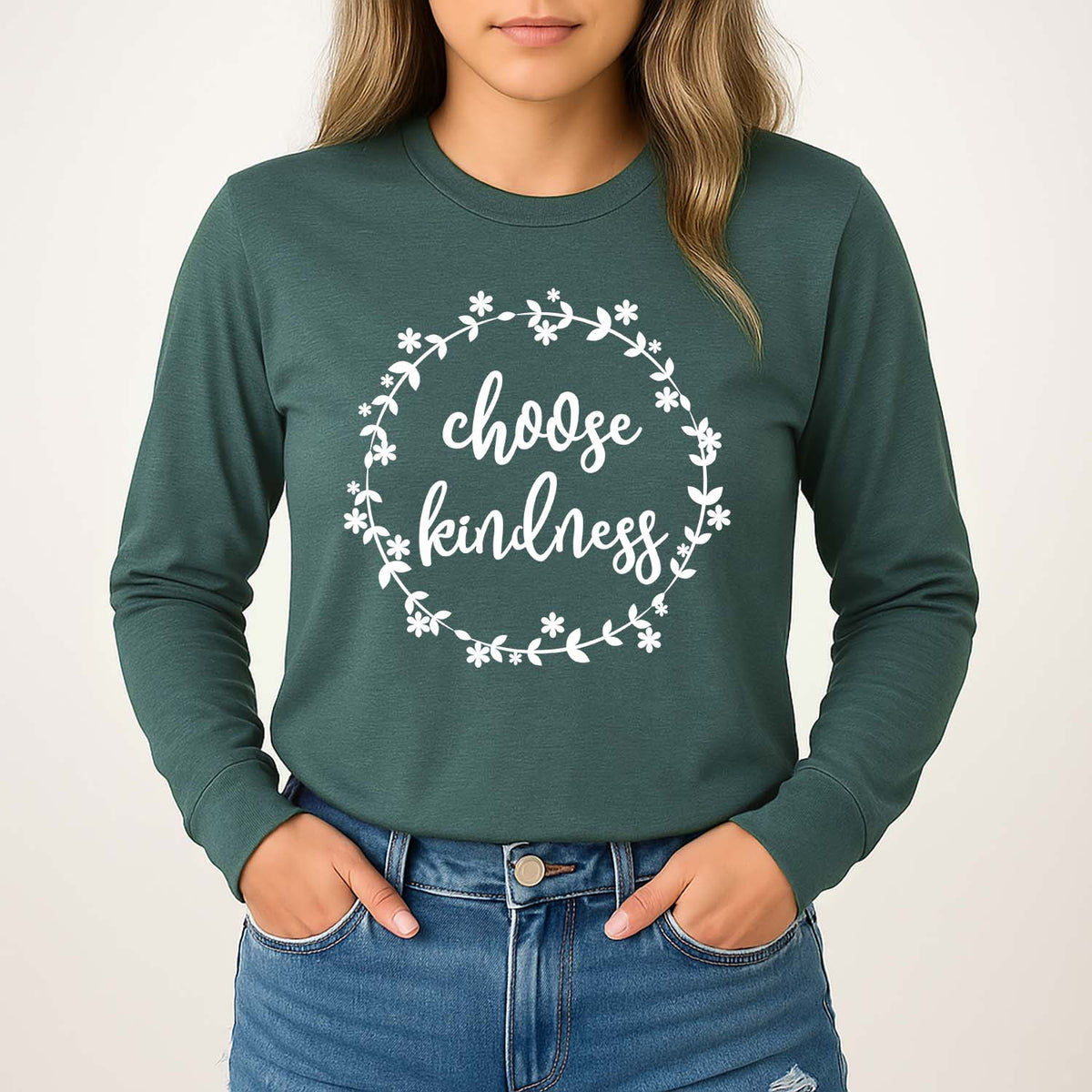 Green long sleeve shirt with 'choose kindness' screenprinted in white