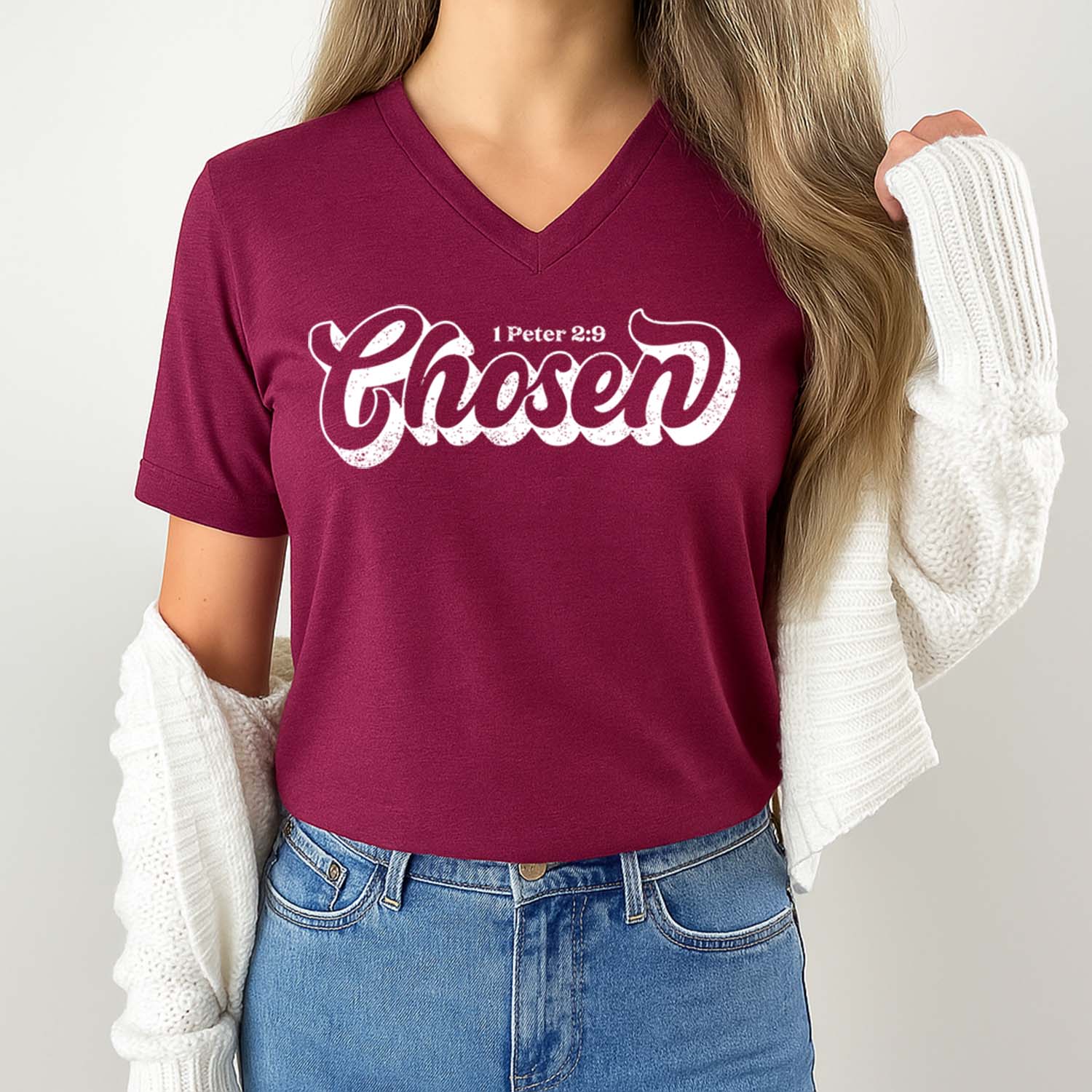 Chosen 1 Peter 2:9 inspirational v-neck in maroon color
