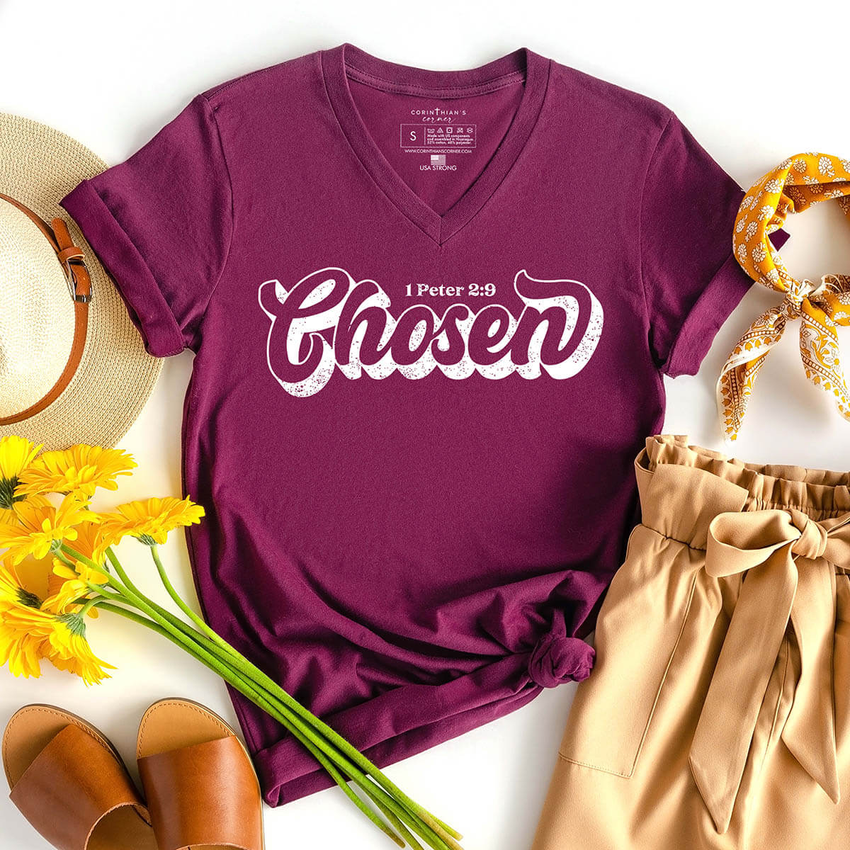 Chosen 1 Peter 2:9 inspirational v-neck in maroon color