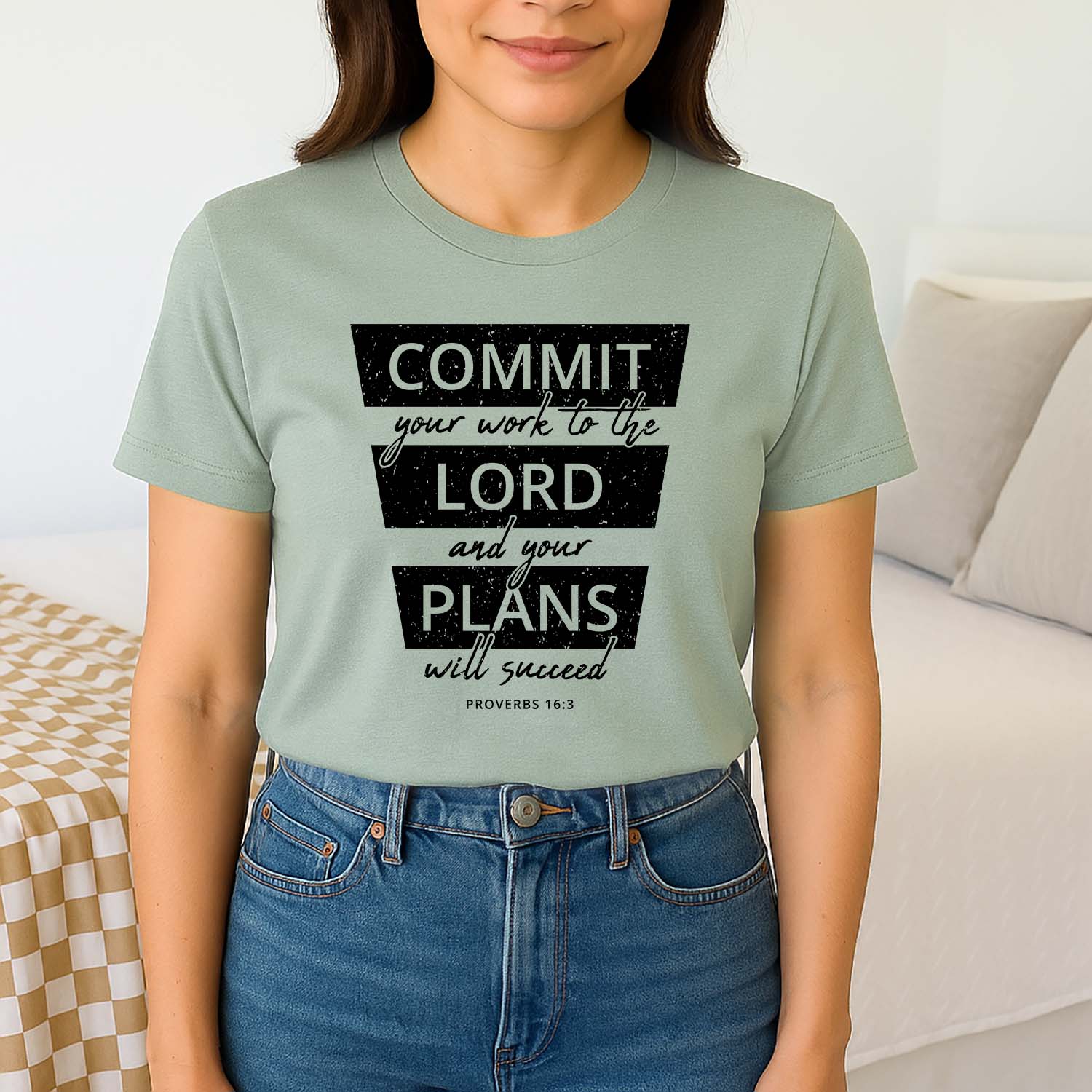 Commit your work to the Lord shirt in a delicate green