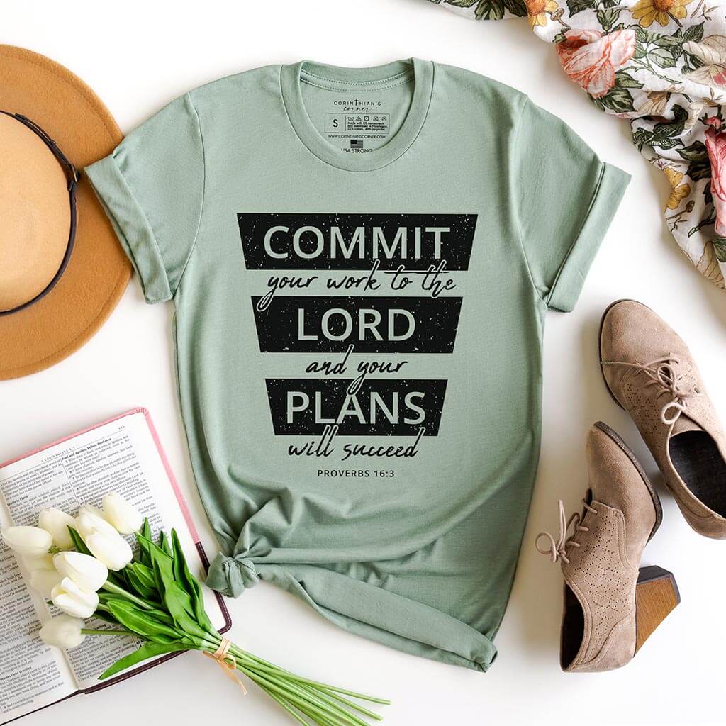 Commit your work to the Lord shirt in a delicate green