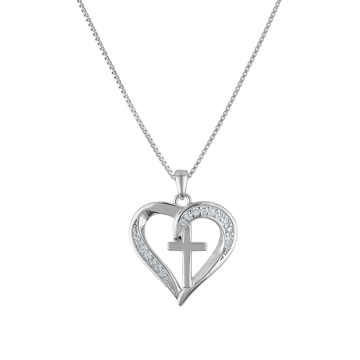 Sterling silver cross heart pendant necklace with cubic zirconia stones