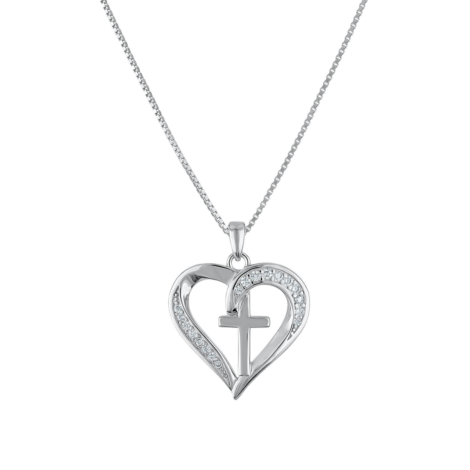 Sterling silver cross heart pendant necklace with cubic zirconia stones