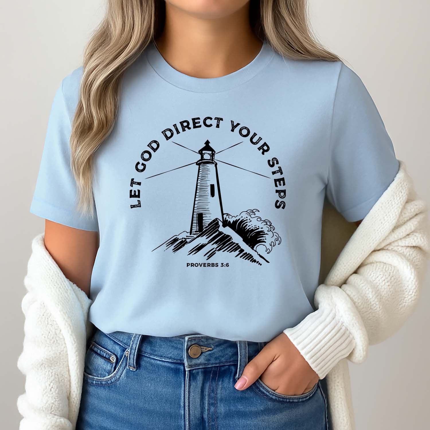 Let God direct your steps light blue Christian t-shirt styled with flowers and white shorts