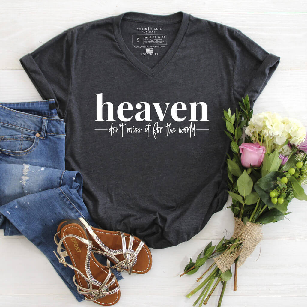 Spring-themed Christian v-neck shirt paired with flowers, jeans, and sandals