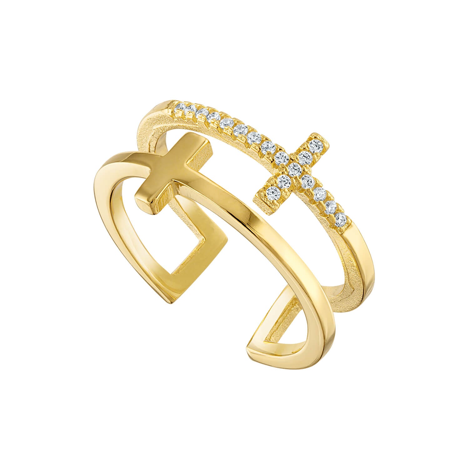 The Dual Cross Ring has radiant cubic zirconia stones that share the light of Christ