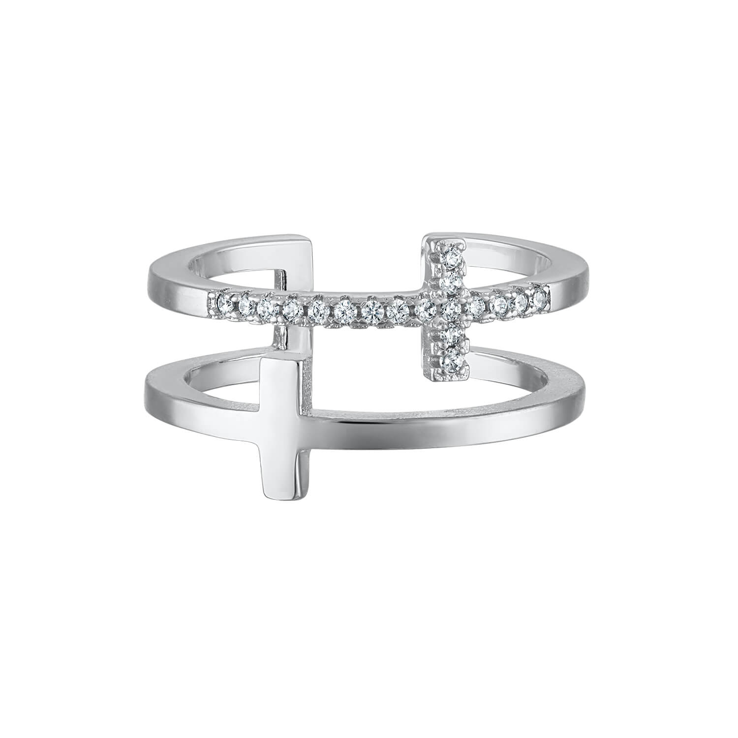 The Dual Cross Ring is made with sterling silver and cubic zirconia stones
