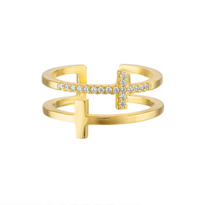 The Dual Cross Ring has radiant cubic zirconia stones that share the light of Christ