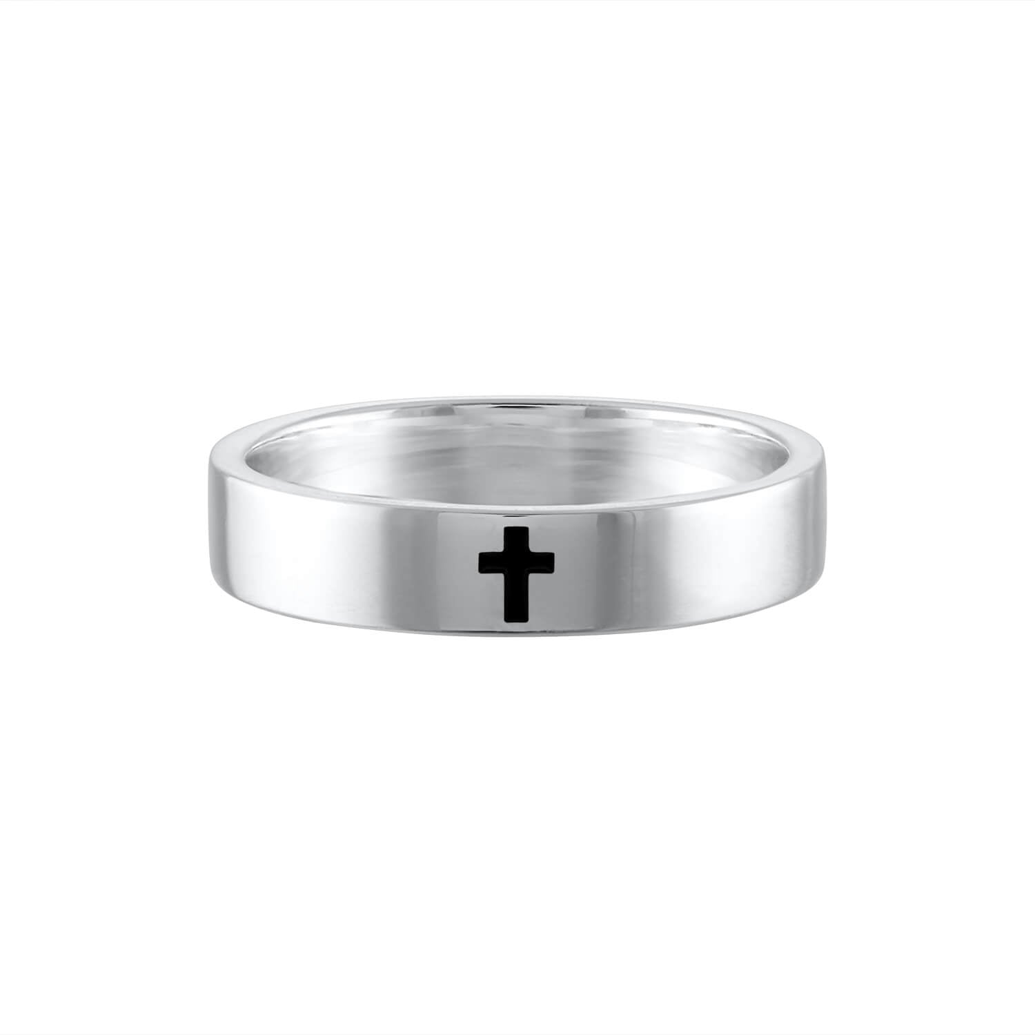 Sterling silver ring for men and women with a simple black cross engraved in the center