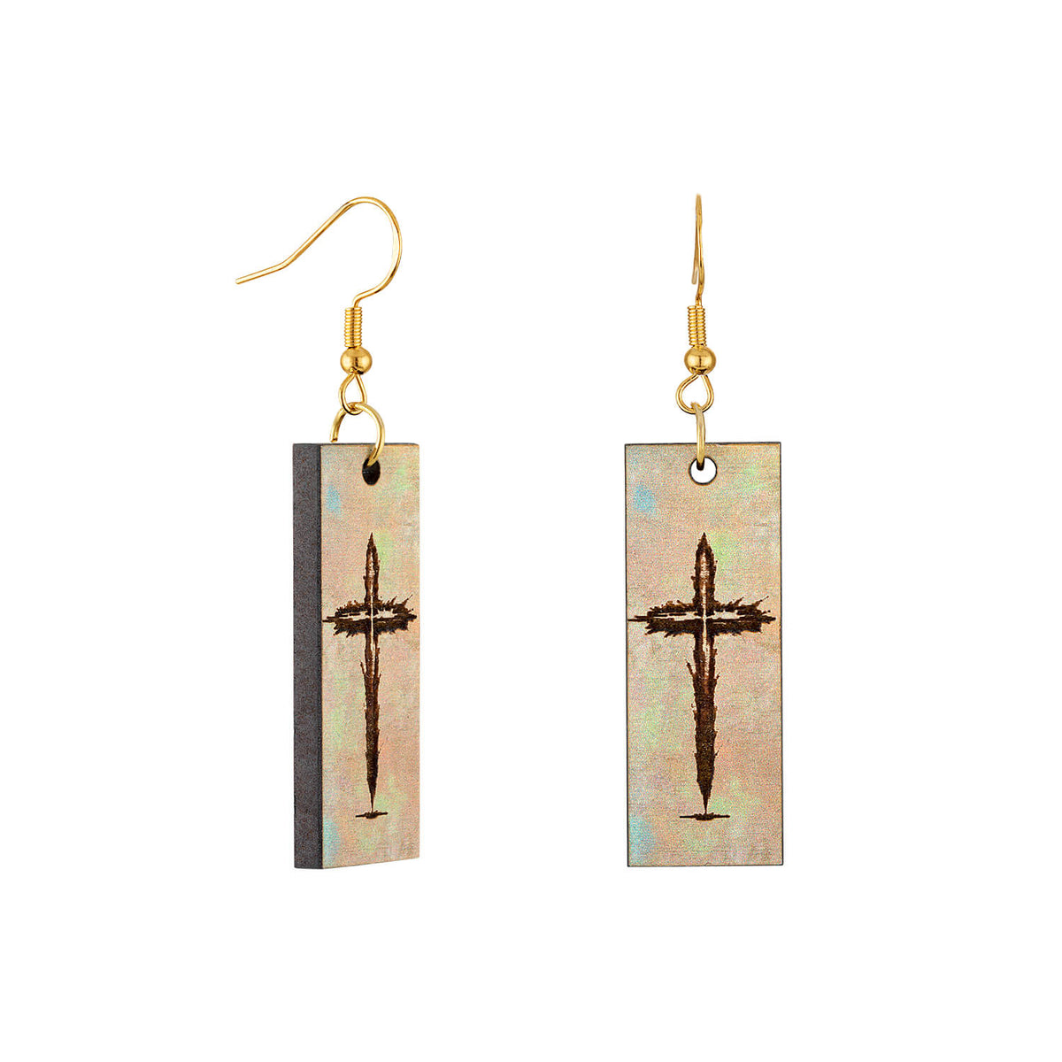 Framed cross earrings with a laser etched design on multi-color wood