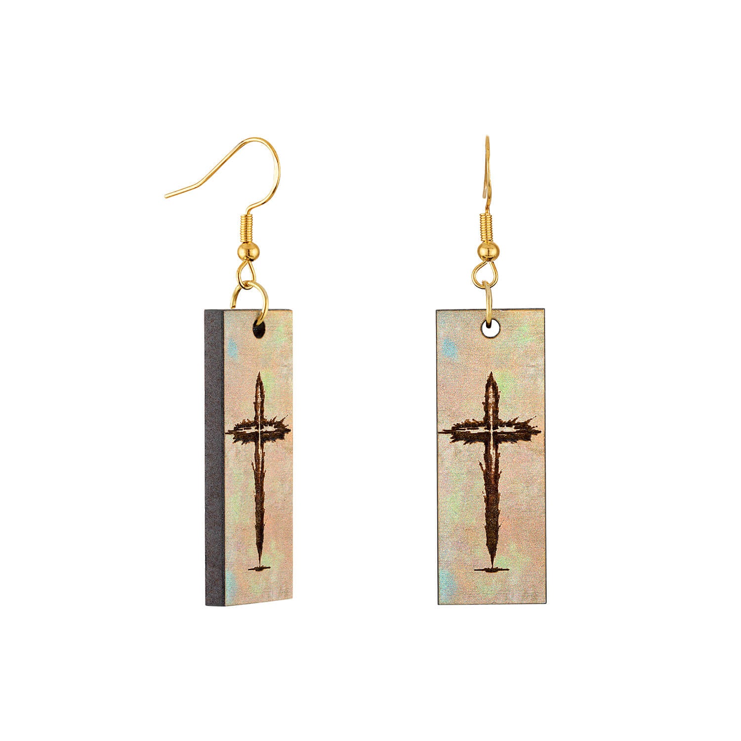 Framed cross earrings with a laser etched design on multi-color wood